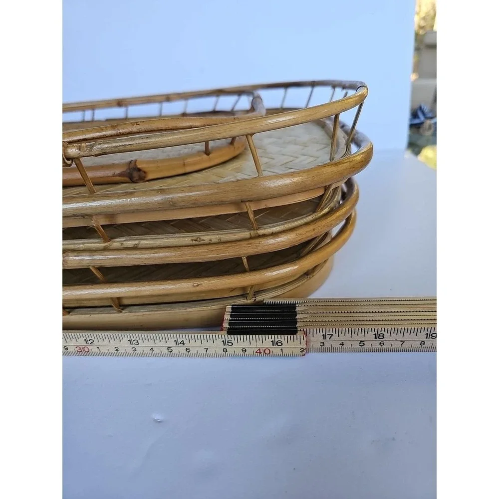 Vtg MCM Bamboo Wicker Lap Trays Tiki Bar Serving Tray Set of 5 Boho Shabby 1677